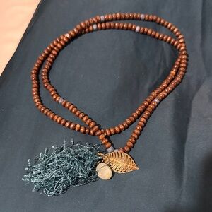 Artisan Brown wooden Beaded Necklace with Leaf and stone  Charm